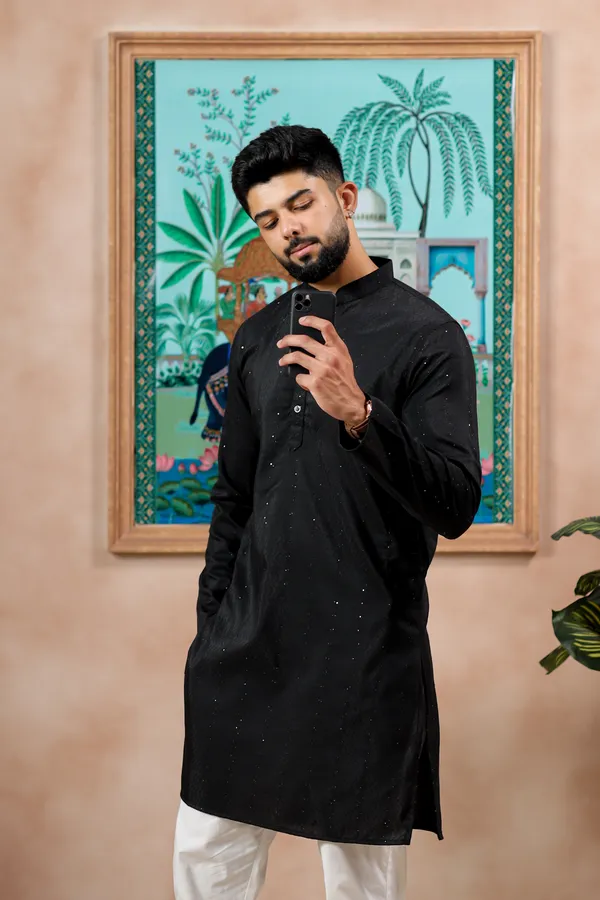 Black_Cotton_Silk_Dobby_Texture_with_Sequins_Kurta