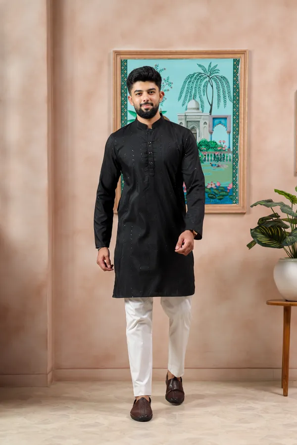 Black_Cotton_Silk_Dobby_Texture_with_Sequins_Kurta