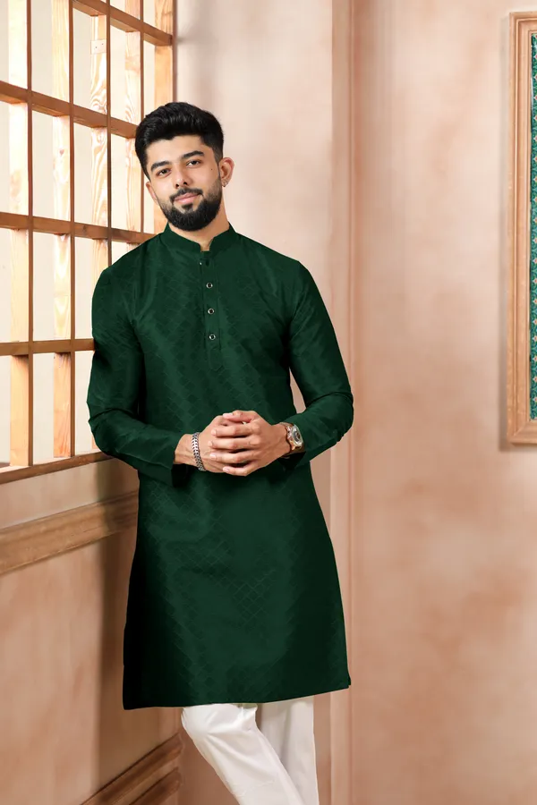 Dark_Green_Silk_Jacquard_Woven_Texture_Kurta