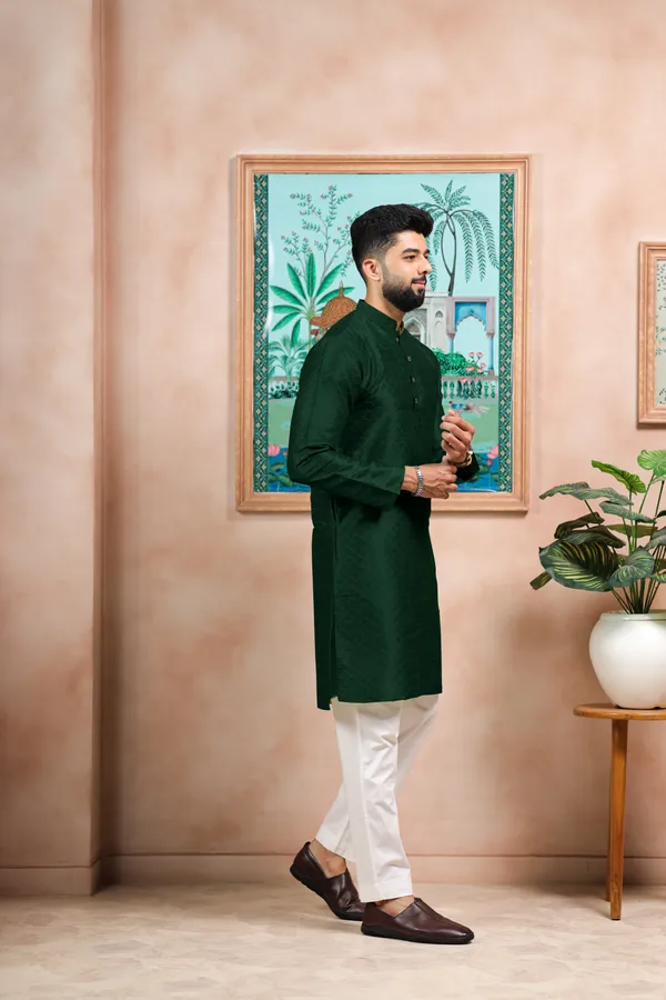 Dark_Green_Silk_Jacquard_Woven_Texture_Kurta