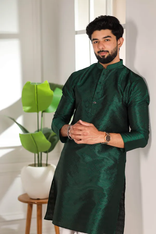 Dark_Green_Silk_Jacquard_Woven_Texture_Kurta