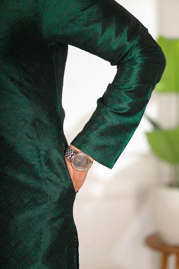 Dark_Green_Silk_Jacquard_Woven_Texture_Kurta