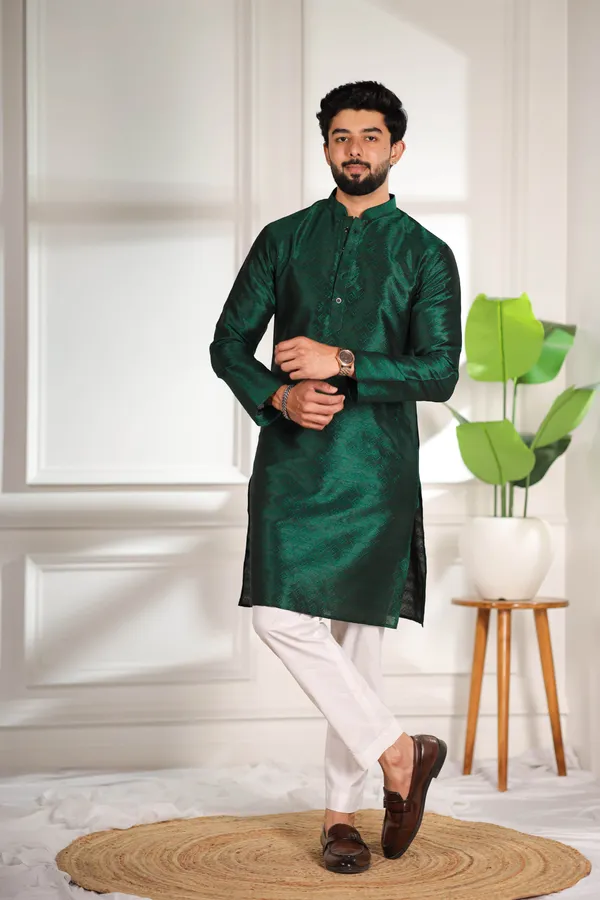 Dark_Green_Silk_Jacquard_Woven_Texture_Kurta