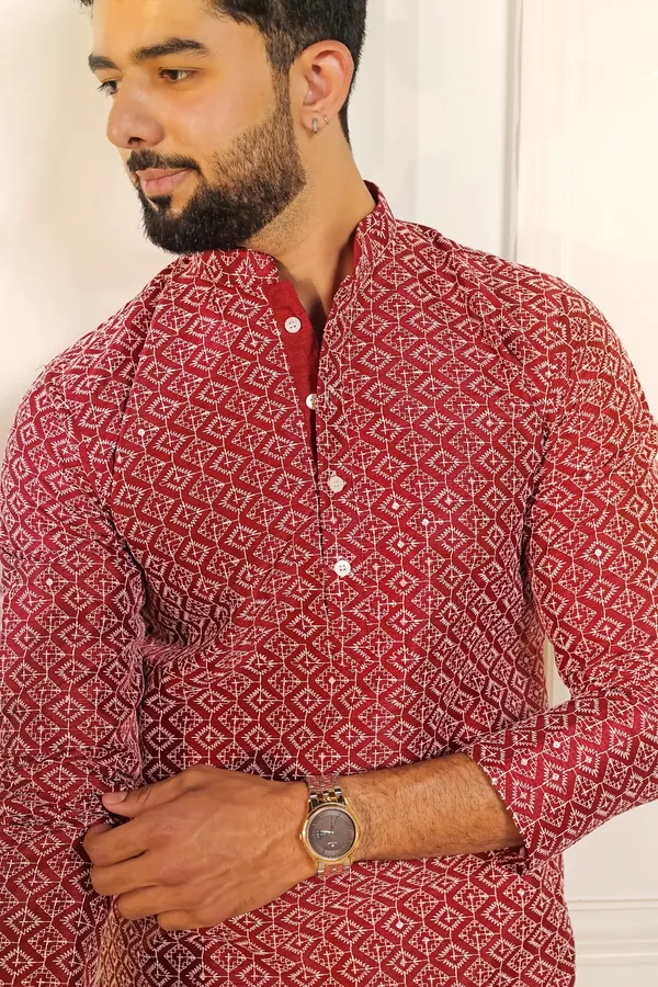 Maroon_Cotton_Silk_Embroidered_With_Sequins_Kurta