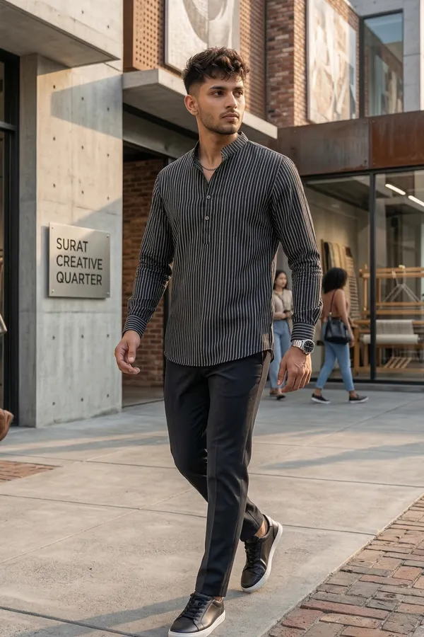 Black_Cotton_Vertical_Stripes_Short_Kurta_For_Casual_Wear