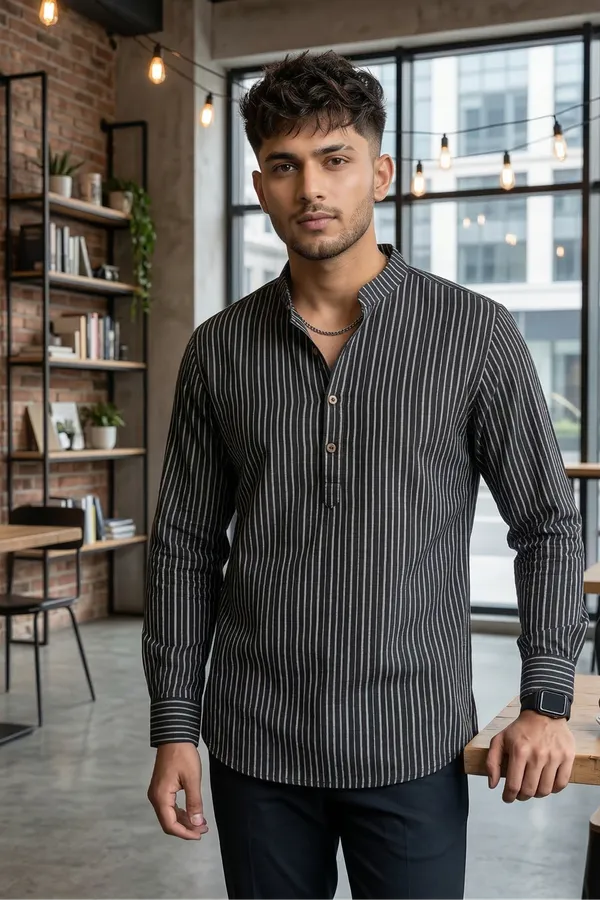 Black_Cotton_Vertical_Stripes_Short_Kurta_For_Casual_Wear
