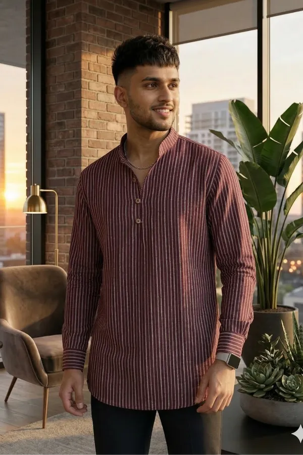 Wine__Cotton_Vertical_Stripes_Short_Kurta_For_Casual_Wear