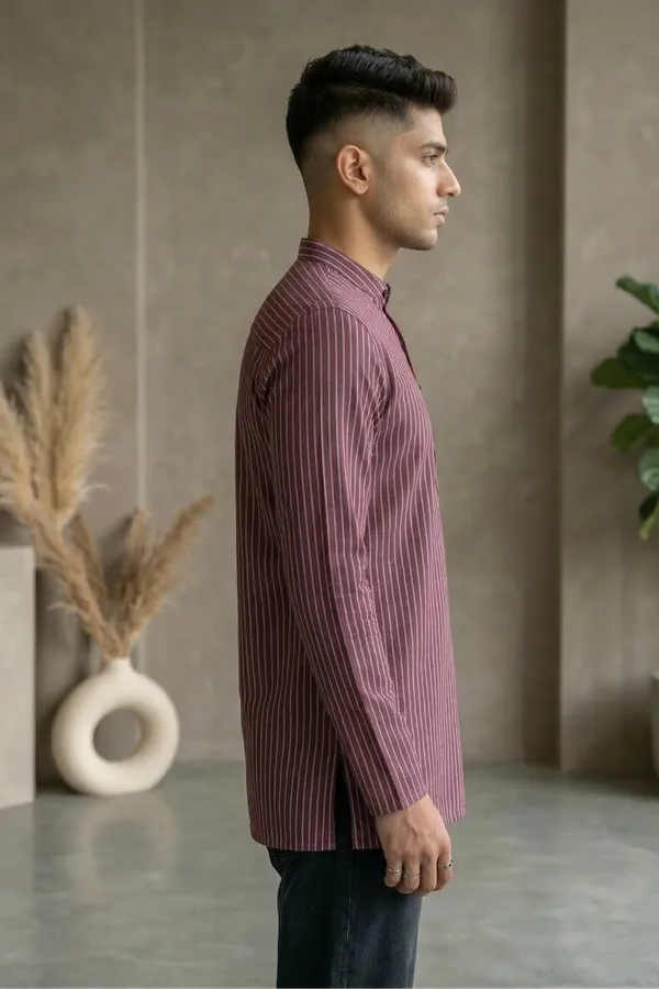 Wine__Cotton_Vertical_Stripes_Short_Kurta_For_Casual_Wear