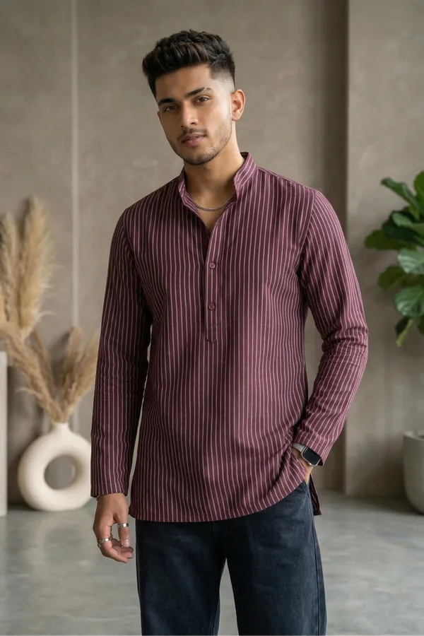 Wine__Cotton_Vertical_Stripes_Short_Kurta_For_Casual_Wear
