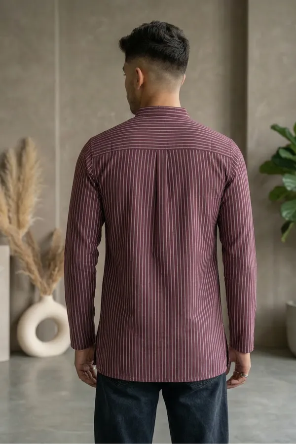 Wine__Cotton_Vertical_Stripes_Short_Kurta_For_Casual_Wear