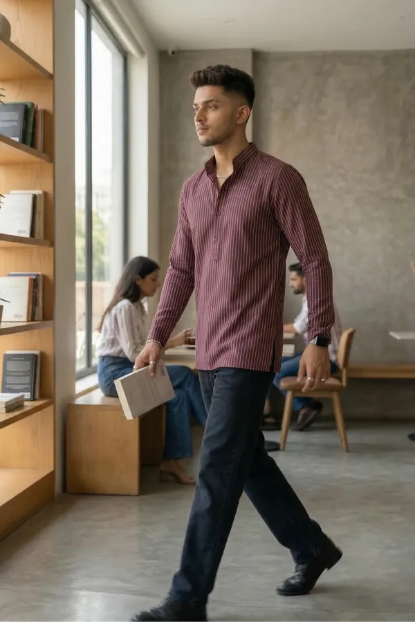 Wine__Cotton_Vertical_Stripes_Short_Kurta_For_Casual_Wear