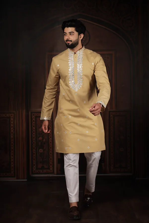Biege_Cotton_Embroidered_Neck_with_Mirror_Work_Kurta