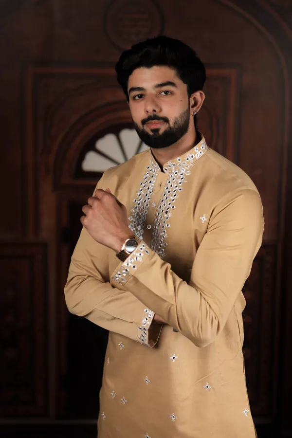 Biege_Cotton_Embroidered_Neck_with_Mirror_Work_Kurta