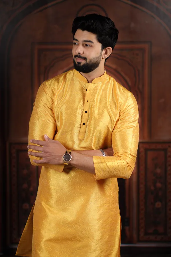 Yellow_Silk_Jacquard_Woven_Texture_Kurta