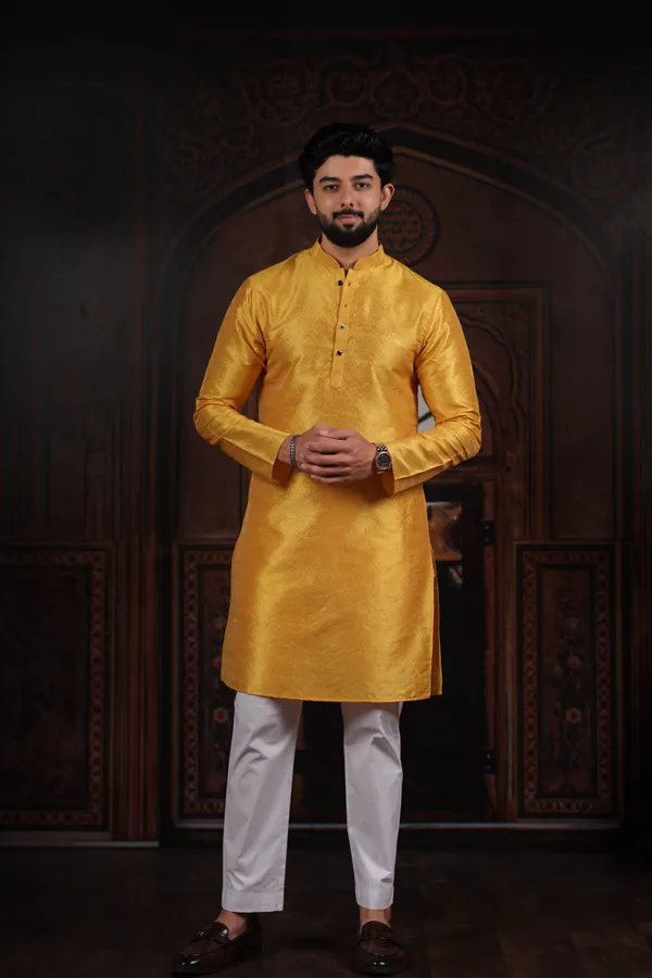 Yellow_Silk_Jacquard_Woven_Texture_Kurta