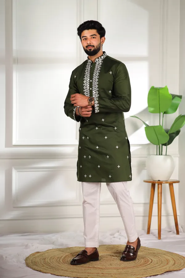 Dark_Green_Cotton_Embroidered_Neck_with_Mirror_Work_Ethnic_Set