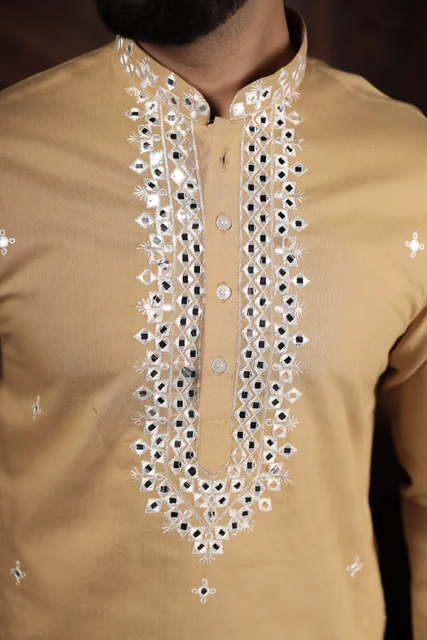 Biege_Cotton_Embroidered_Neck_with_Mirror_Work_Ethnic_Set
