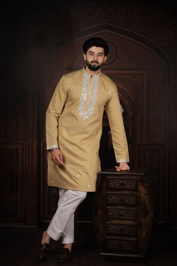 Biege_Cotton_Embroidered_Neck_with_Mirror_Work_Ethnic_Set