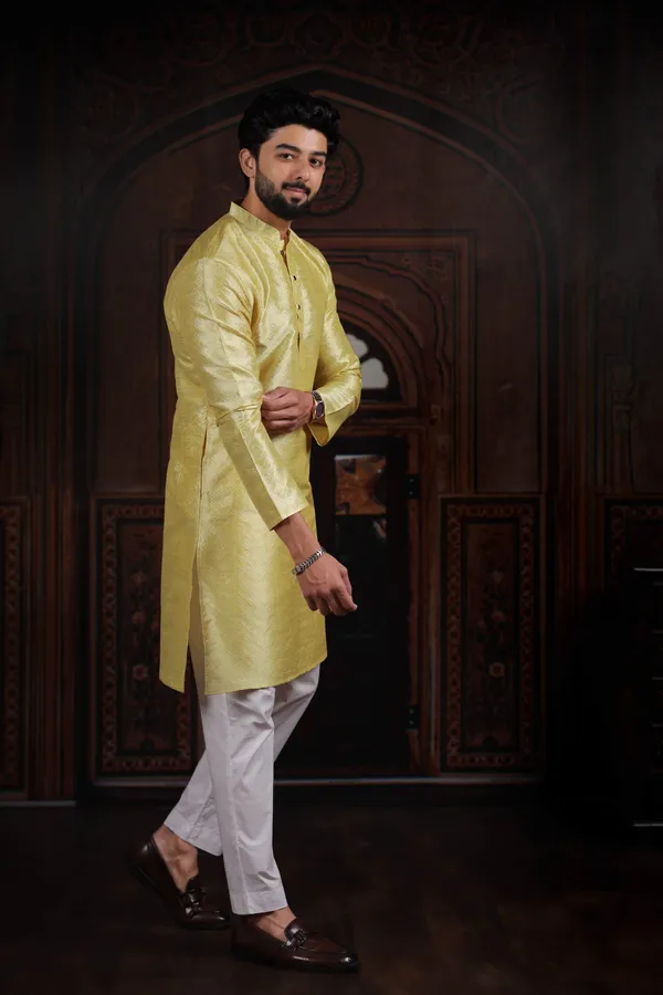Light_Yellow_Silk_Jacquard_Woven_Texture_Kurta