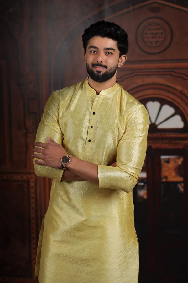 Light_Yellow_Silk_Jacquard_Woven_Texture_Kurta