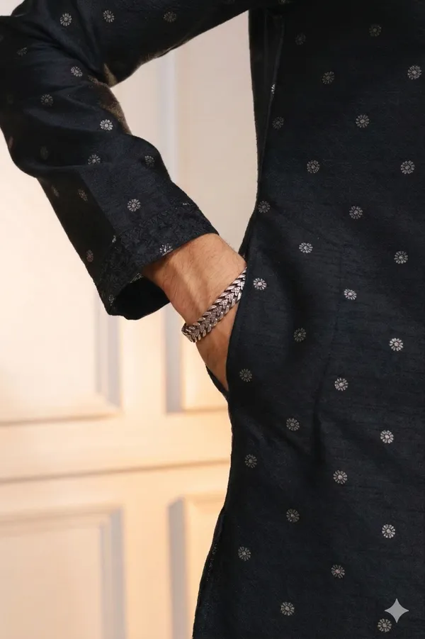 Black_Silk_Jacquard_Embroidered_Neck_with_Mirror_Work_Kurta