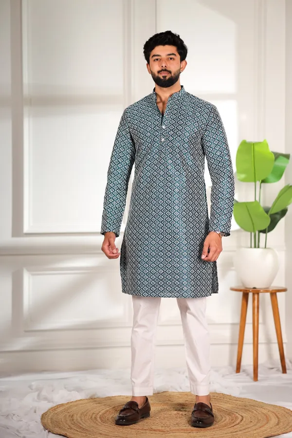 Teal_Cotton_Silk_Embroidered_With_Sequins_Kurta