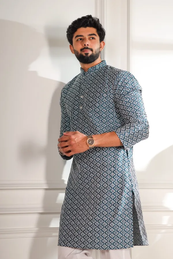 Teal_Cotton_Silk_Embroidered_With_Sequins_Kurta
