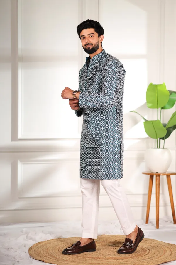 Teal_Cotton_Silk_Embroidered_With_Sequins_Kurta