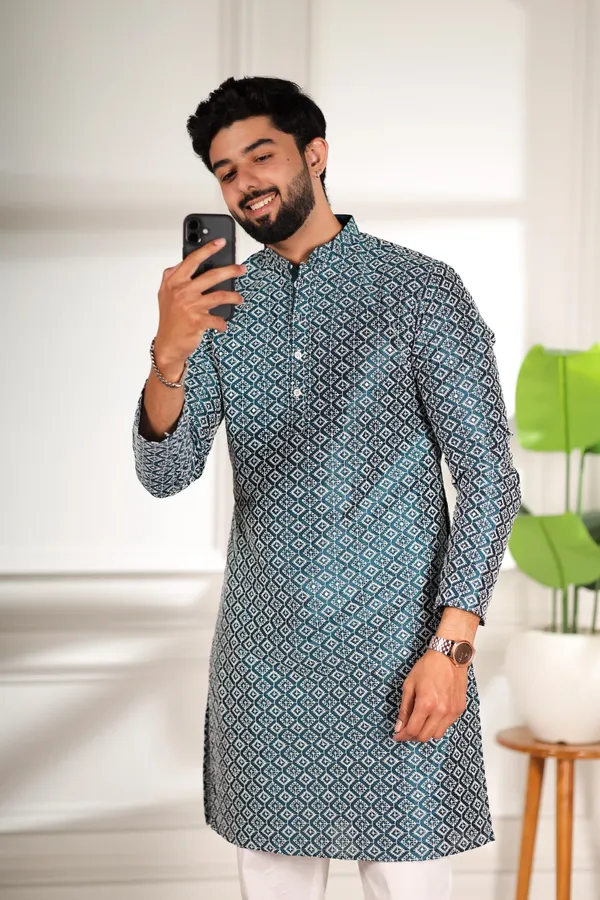 Teal_Cotton_Silk_Embroidered_With_Sequins_Kurta