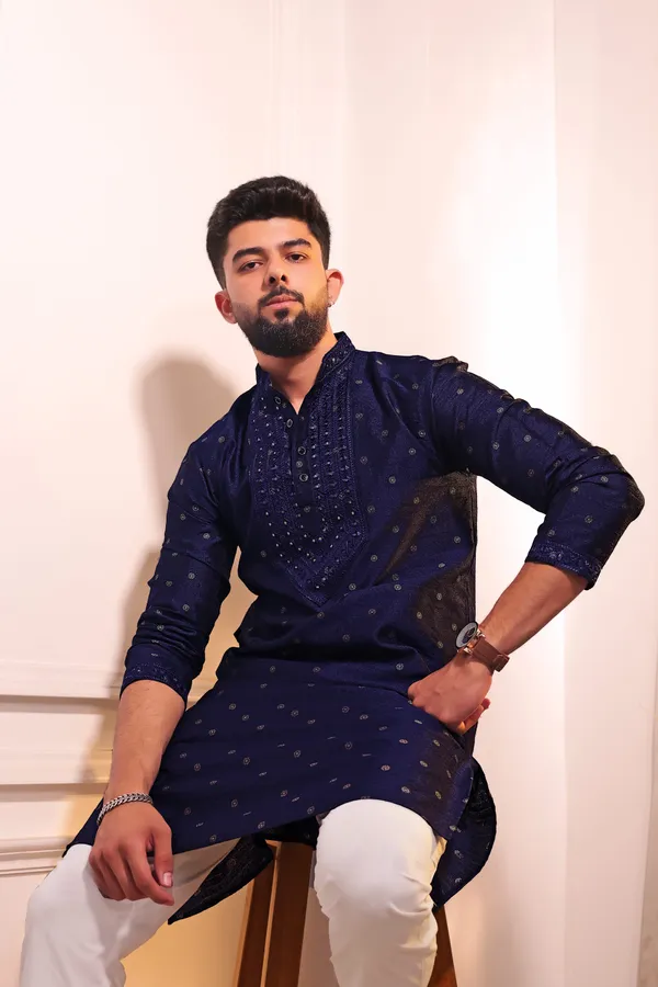 Navy_Silk_Jacquard_Embroidered_Neck_with_Mirror_Work_Ethnic_Set
