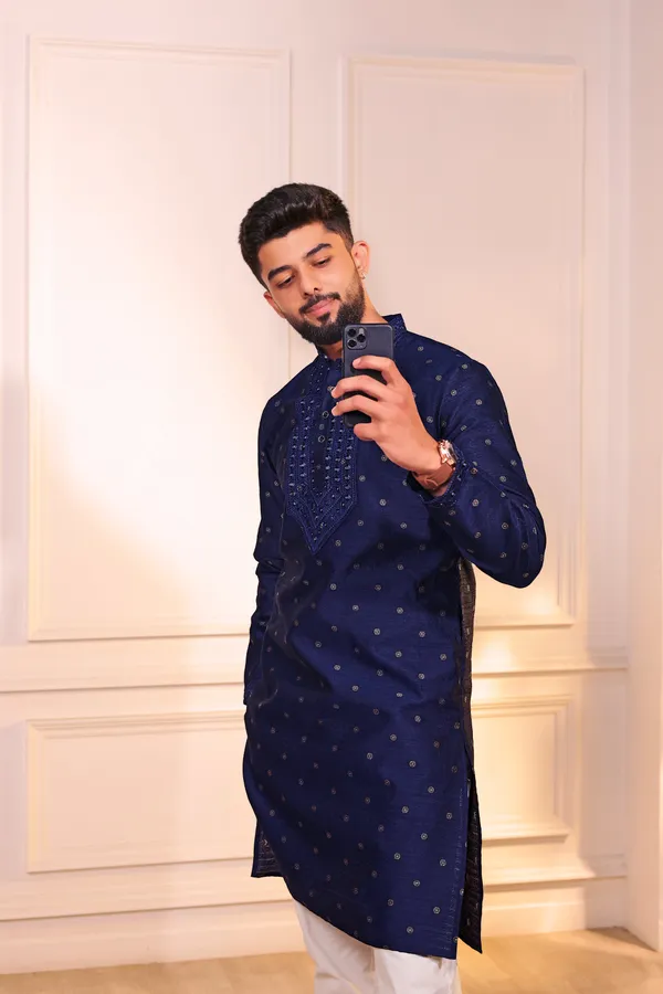 Navy_Silk_Jacquard_Embroidered_Neck_with_Mirror_Work_Ethnic_Set