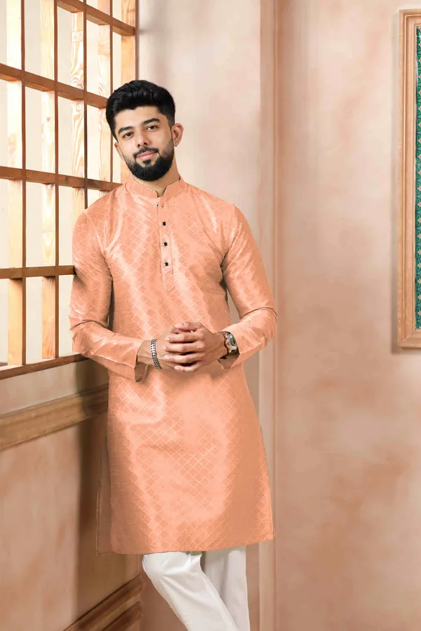 Peach_Silk_Jacquard_Woven_Texture_Kurta