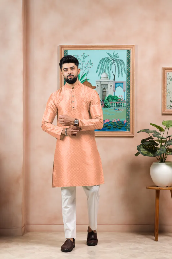 Peach_Silk_Jacquard_Woven_Texture_Kurta