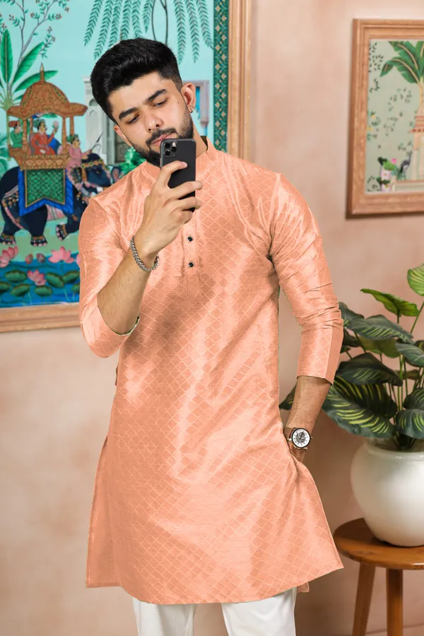 Peach_Silk_Jacquard_Woven_Texture_Kurta