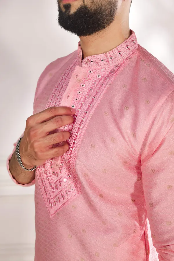Pink_Silk_Jacquard_Embroidered_Neck_with_Mirror_Work_Ethnic_Set