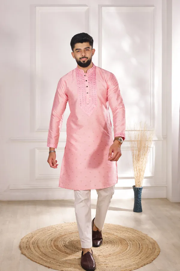 Pink_Silk_Jacquard_Embroidered_Neck_with_Mirror_Work_Ethnic_Set