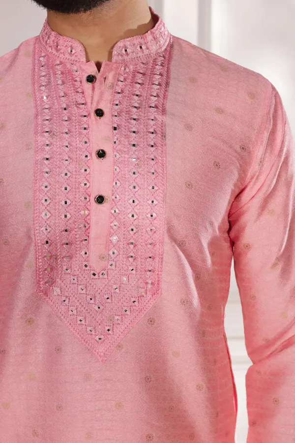 Pink_Silk_Jacquard_Embroidered_Neck_with_Mirror_Work_Ethnic_Set