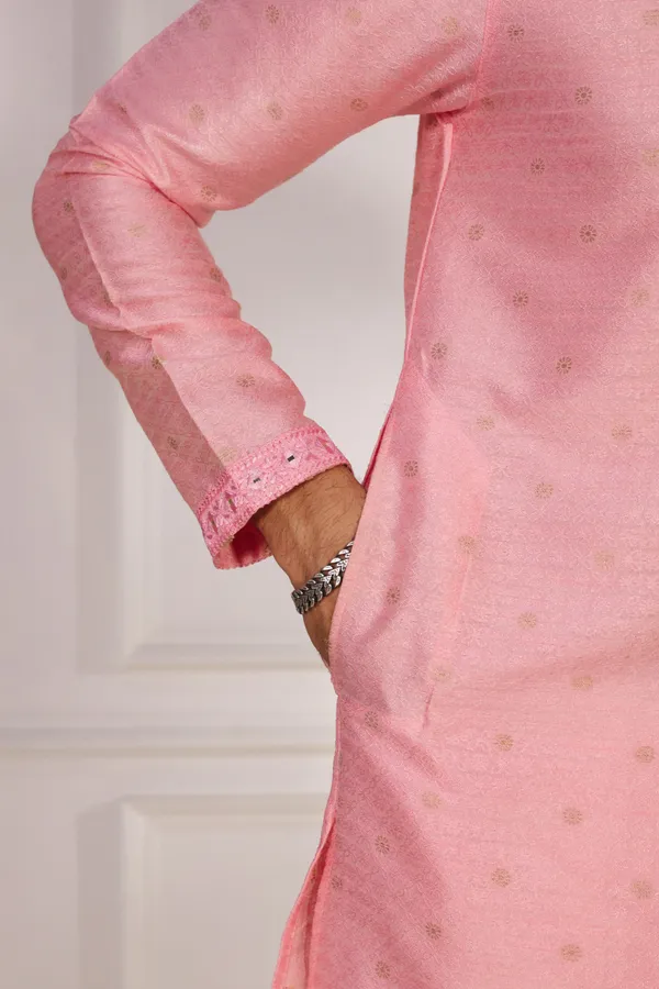 Pink_Silk_Jacquard_Embroidered_Neck_with_Mirror_Work_Ethnic_Set
