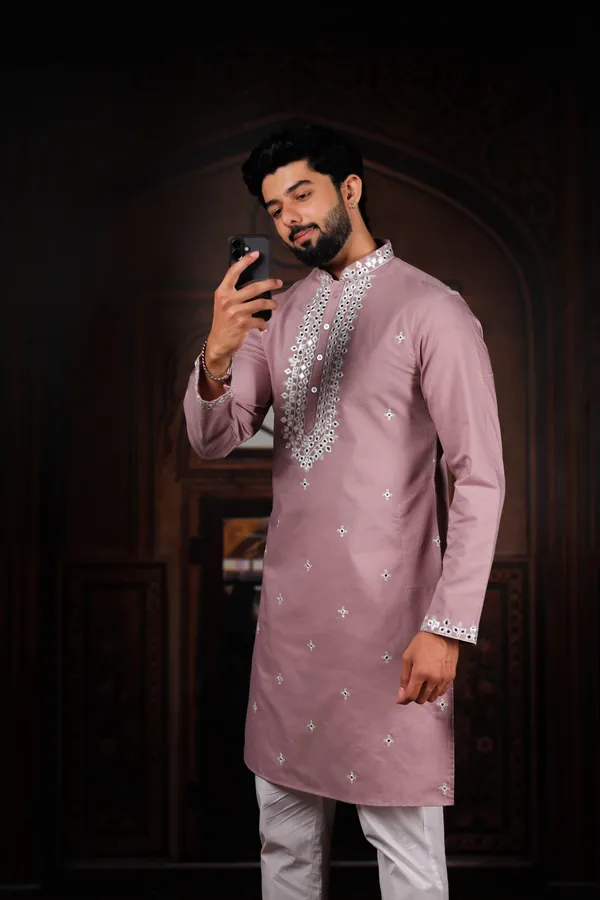 Pink_Cotton_Embroidered_Neck_with_Mirror_Work_Kurta
