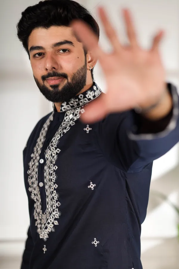 Navy_Cotton_Embroidered_Neck_with_Mirror_Work_Kurta