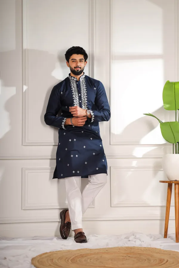 Navy_Cotton_Embroidered_Neck_with_Mirror_Work_Kurta
