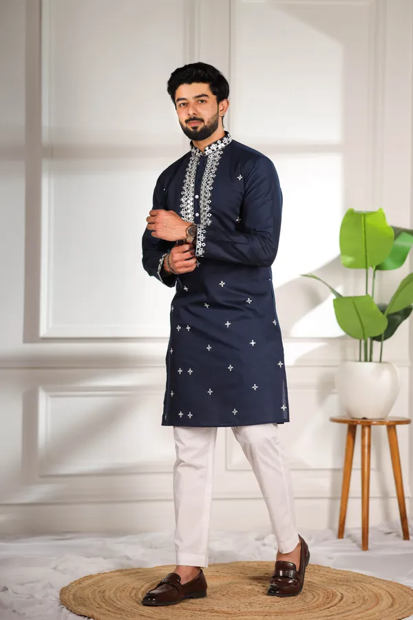 Navy_Cotton_Embroidered_Neck_with_Mirror_Work_Kurta