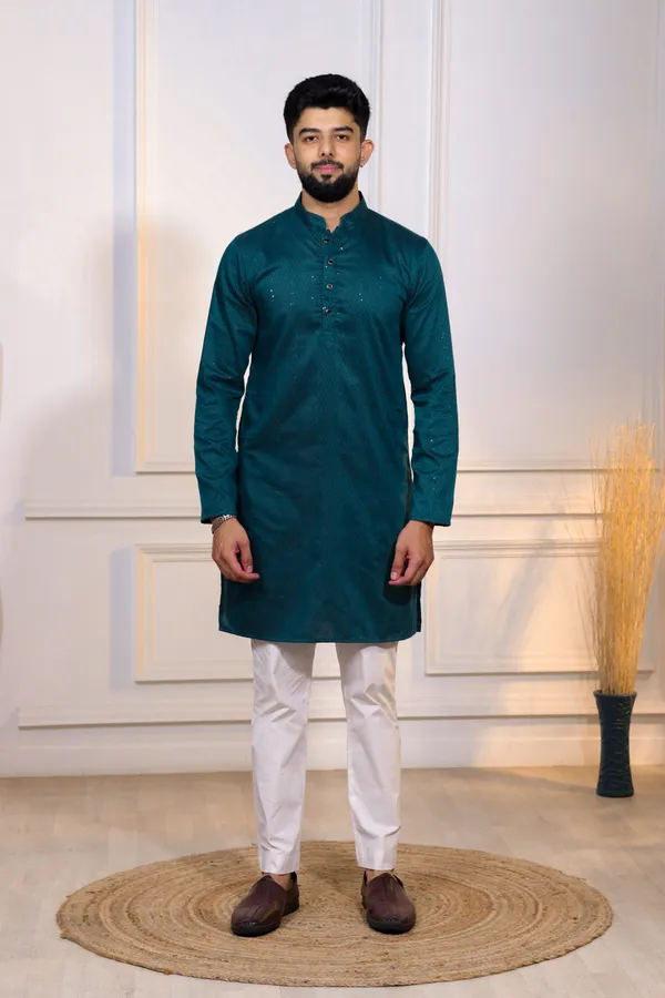 Teal_Cotton_Silk_Dobby_Texture_with_Sequins_Kurta