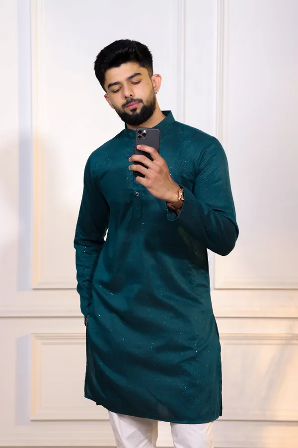 Teal_Cotton_Silk_Dobby_Texture_with_Sequins_Kurta