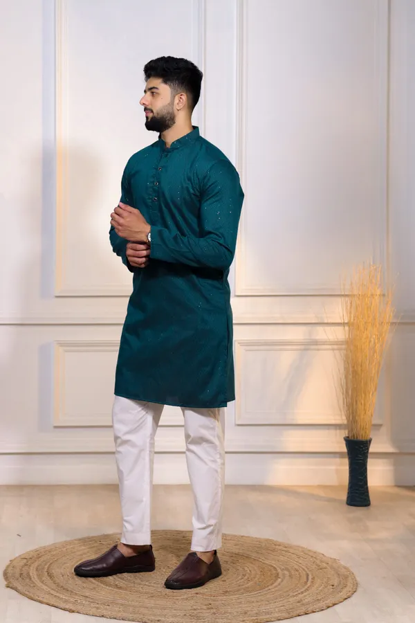 Teal_Cotton_Silk_Dobby_Texture_with_Sequins_Kurta