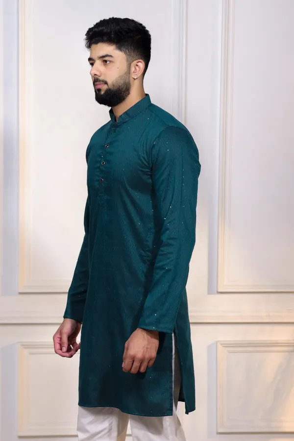 Teal_Cotton_Silk_Dobby_Texture_with_Sequins_Kurta