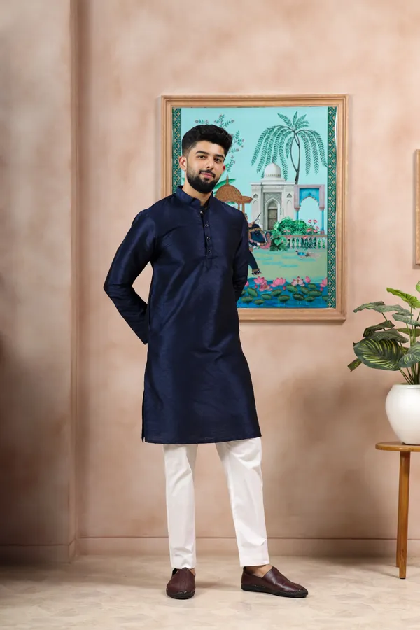 Navy_Silk_Jacquard_Woven_Texture_Kurta