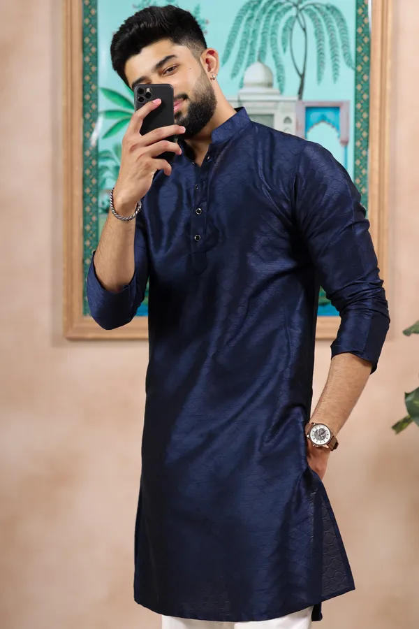 Navy_Silk_Jacquard_Woven_Texture_Kurta