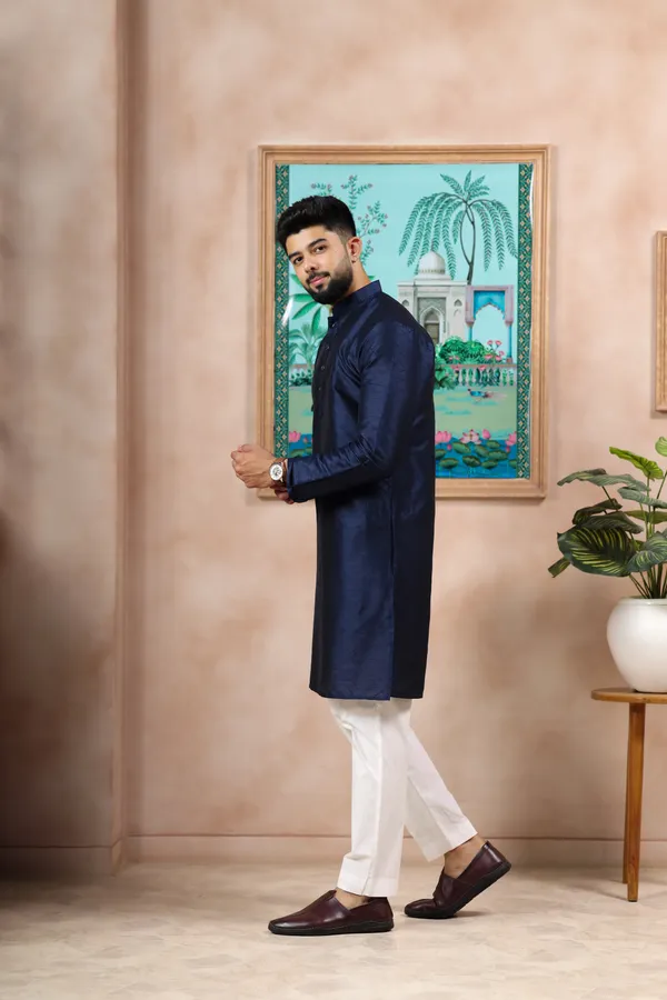 Navy_Silk_Jacquard_Woven_Texture_Kurta