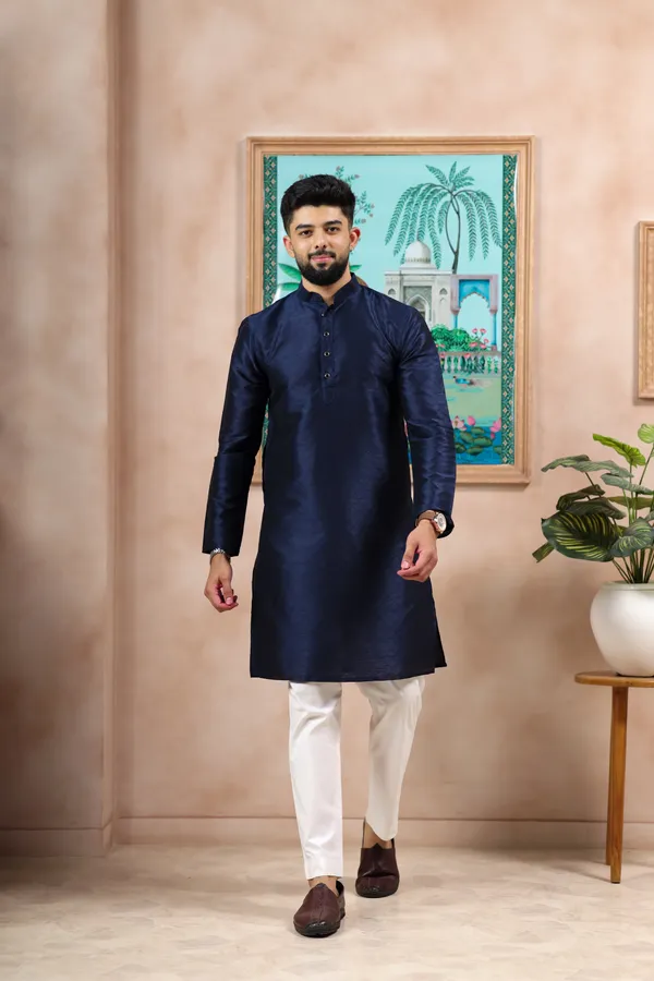 Navy_Silk_Jacquard_Woven_Texture_Kurta